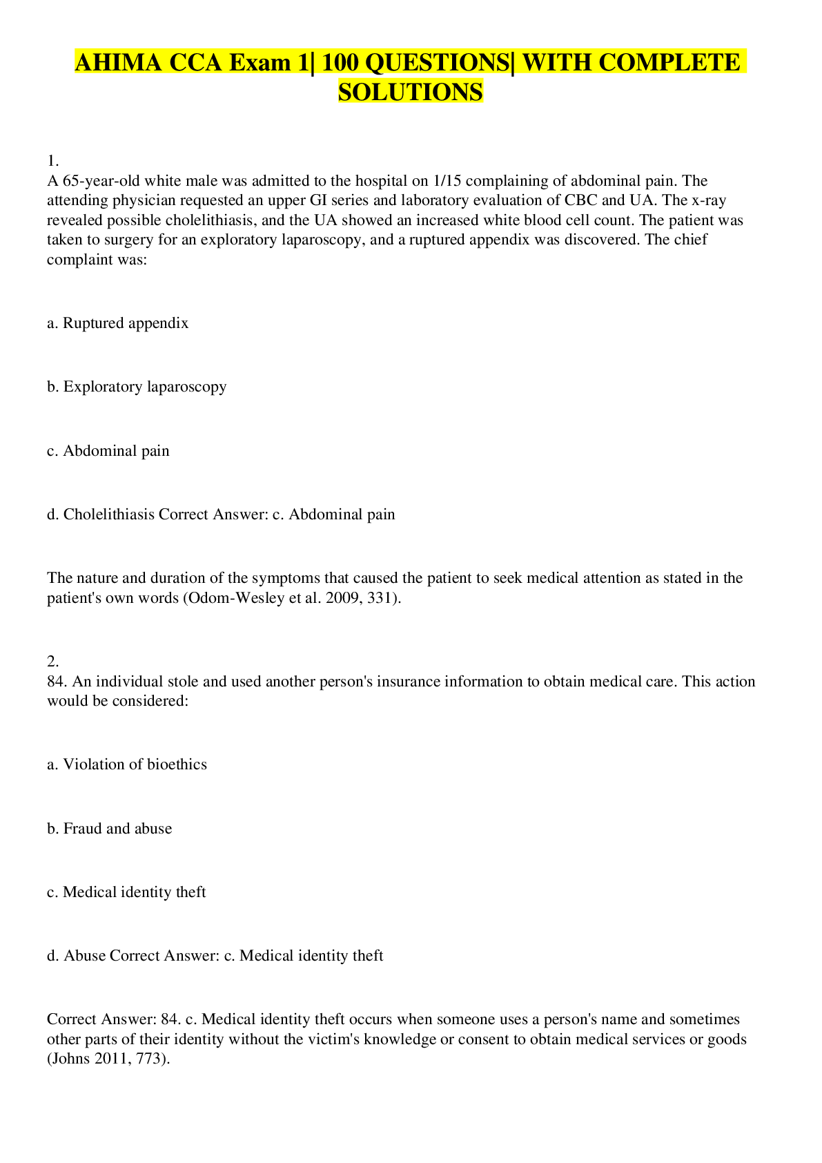 Preview image for AHIMA CCA Exam 1| 100 QUESTIONS| WITH COMPLETE SOLUTIONS